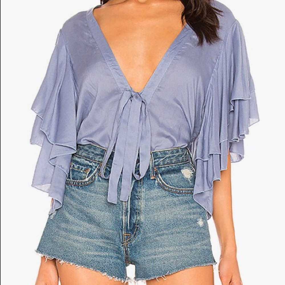 Free People Lavender Tie-Front Flutter Sleeve Blouse